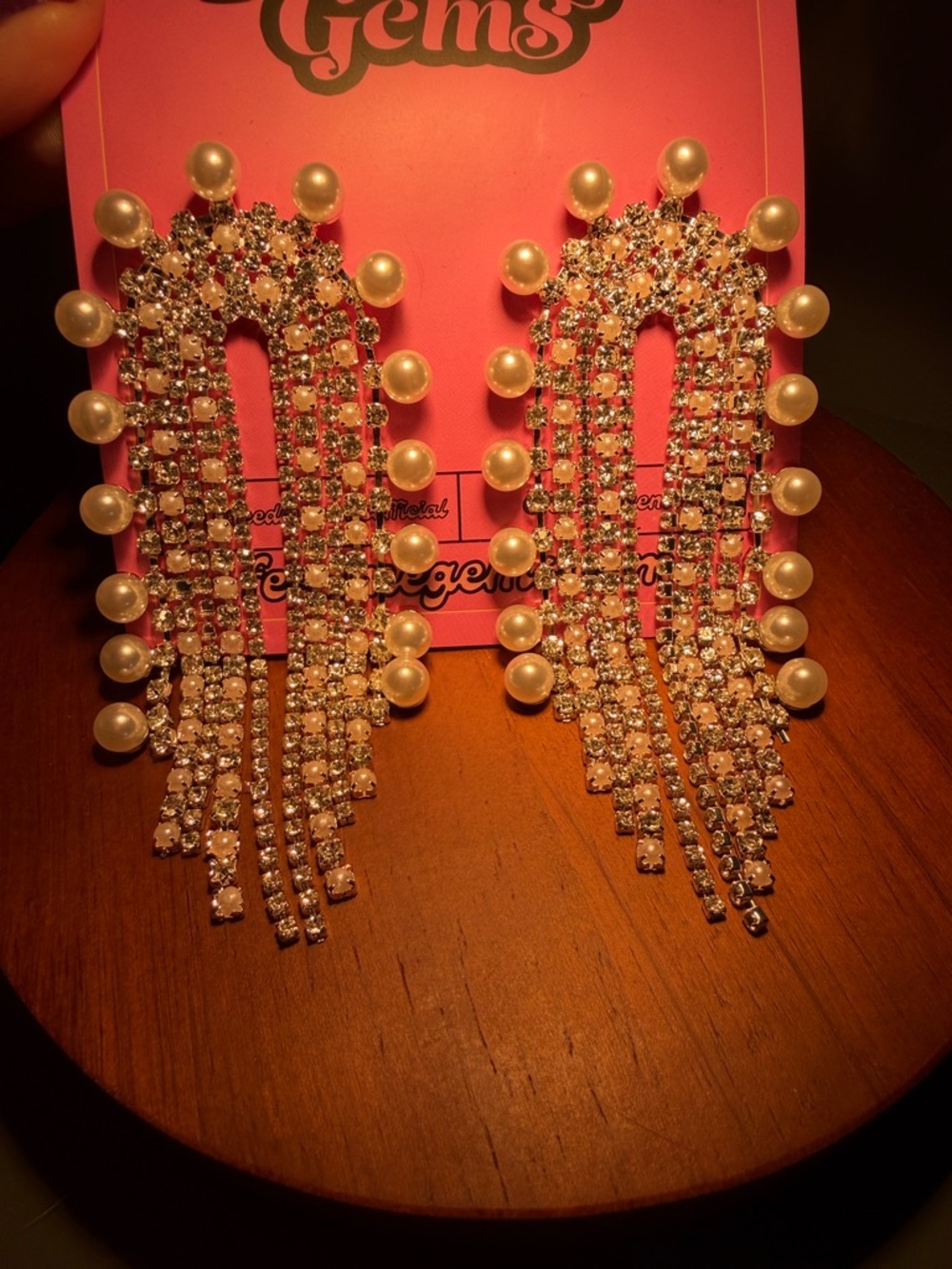 New Feed Me Gems Silver Crystal & Pearl Fringe Statement Earriings